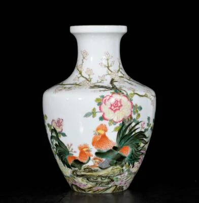 Pair Yongzheng Signed Old Chinese Colour Enamel Vase W/cock N3652