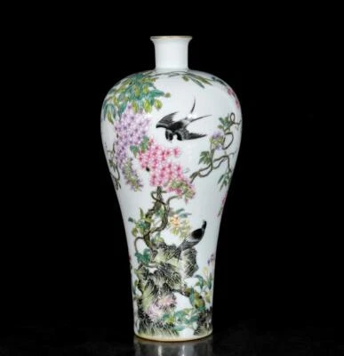 Yongzheng Signed Pair Old Chinese Colour Enamel Vase W/flower N3680