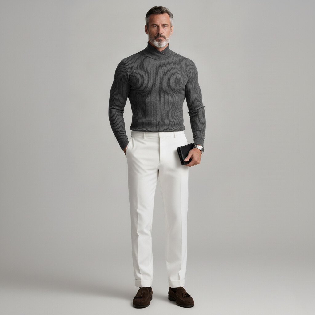 Men's Gray Cross High Collar Long Sleeve Ribbed Knit Sweaters