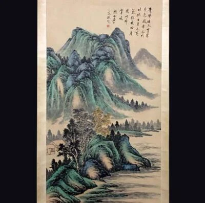 Wen Huiming Signed Chinese Hand Painted Calligraphy Scroll w/ landscape N2725