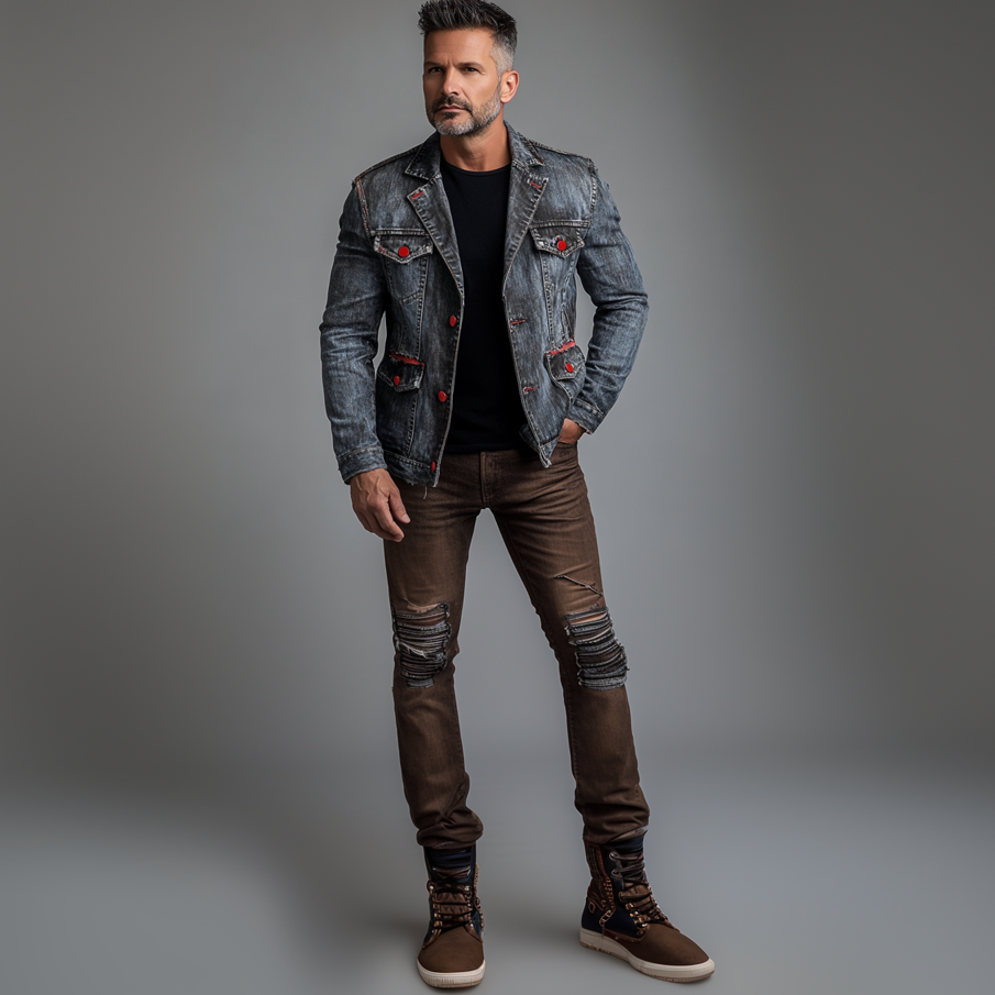 Men's Street Notch Lapel Contrast Buttons Washed Denim Jacket