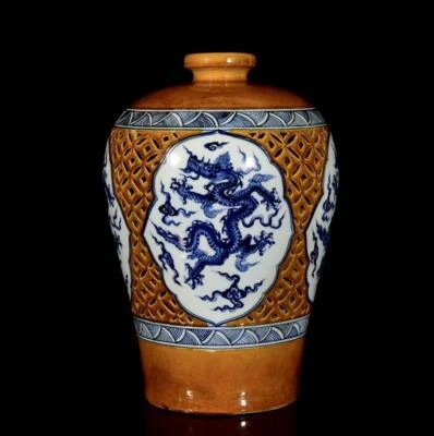 30CM Xuande Singed Old Chinese Blue and White Vase W/dragon N3364