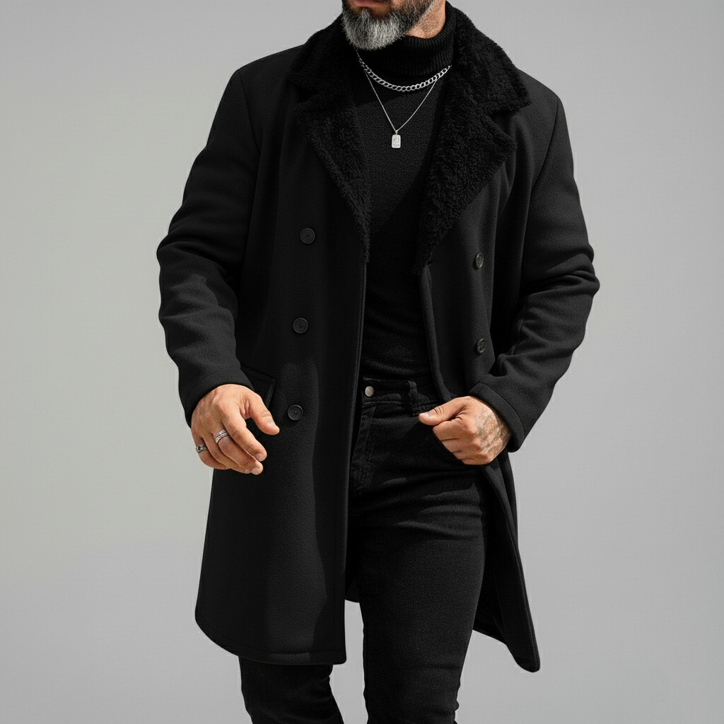 Men's Brown Fuzzy Notch Lapel Double Breasted Long Sleeve Sherpa-Lined Trench Coats