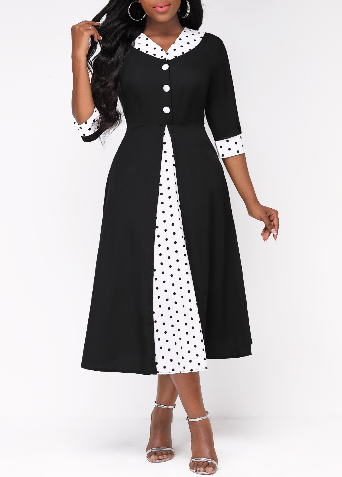 Faux Two Piece Polka Dot Black Dress