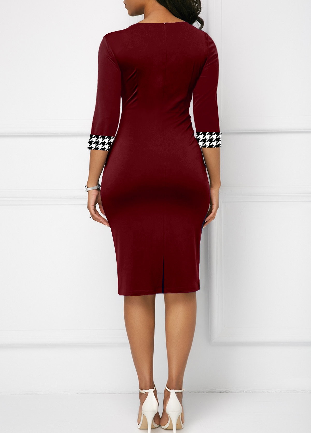 Houndstooth Print Bowknot Bodycon Dress