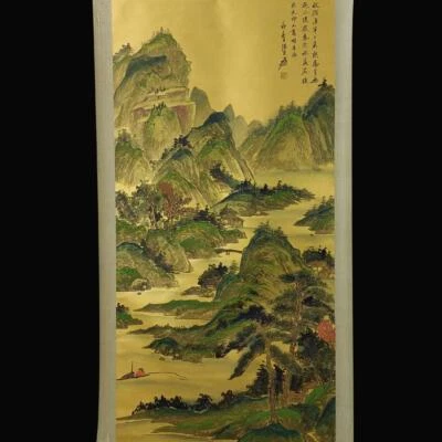Zhang Daqian Signed Chinese Hand Painted Calligraphy Scroll w/landscape N1783