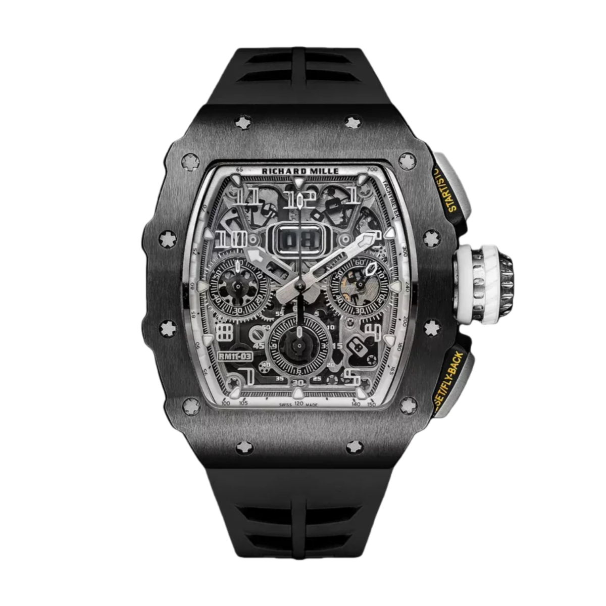【7A Quality】Richard Mille RM 11-03 Replica Black Ceramic Case with Black Rubber Strap | Skeleton Dial Watch For Men