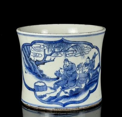 Kangxi Signed Old Chinese Blue and White Brush Pot W/figure N1171
