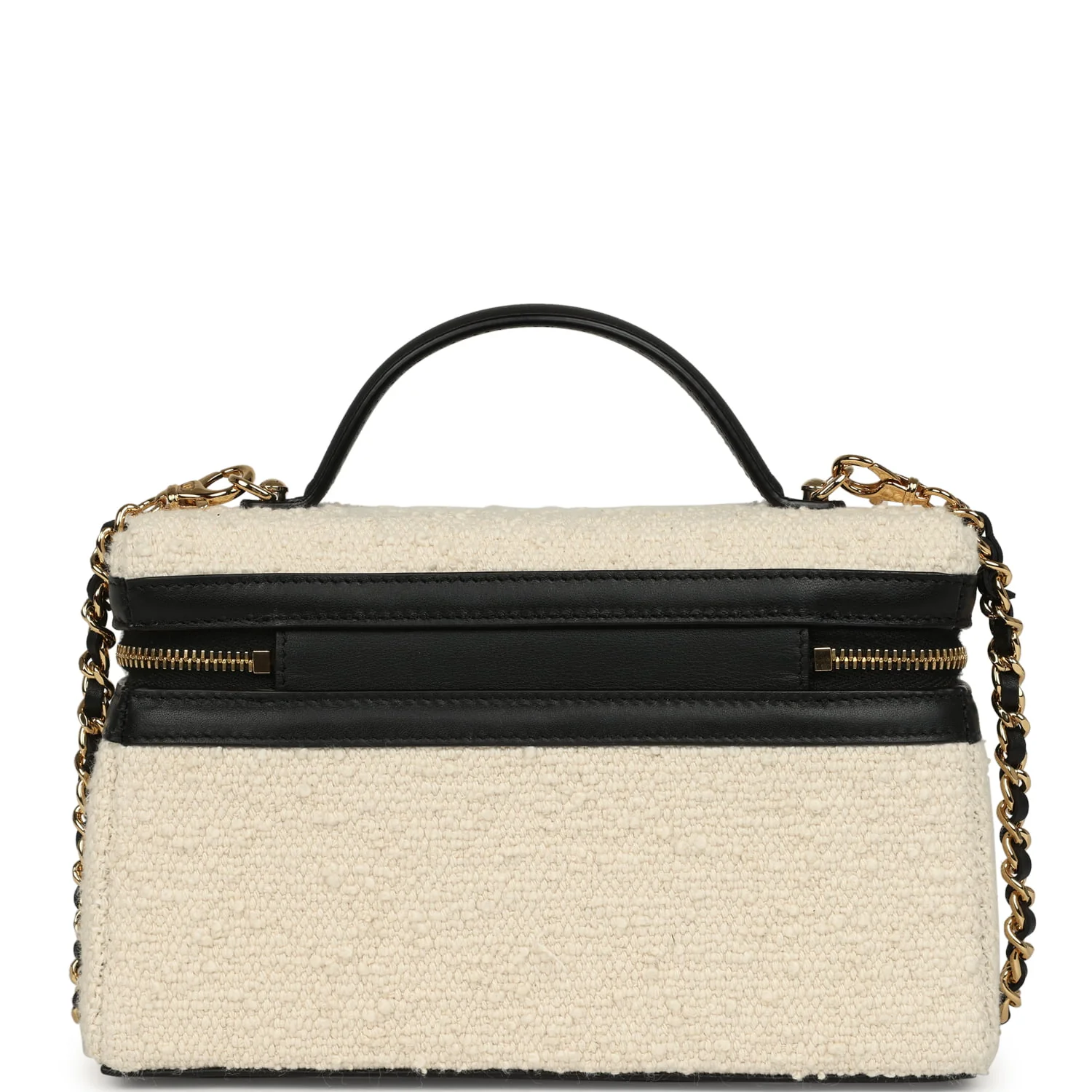 Chanel Coco Beach Top Handle Long Vanity Case with Chain Ecru Tweed and Black Calfskin Gold Hardware