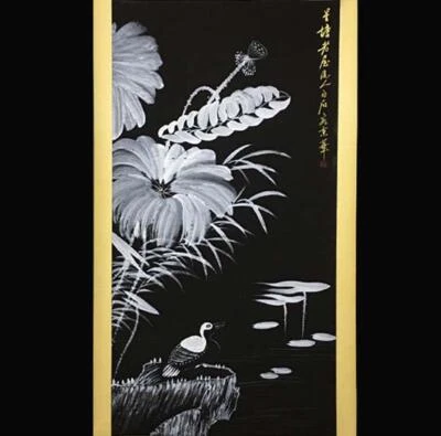 Qi Baishi Signed Chinese Hand Painted Calligraphy Scroll w/louts flower N2066