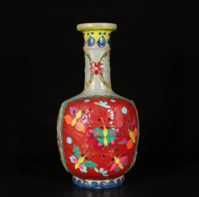 Qingliangsi Signed Chinese Ru Kiln Cloisonne Enamel Vase w/butterfly N1470