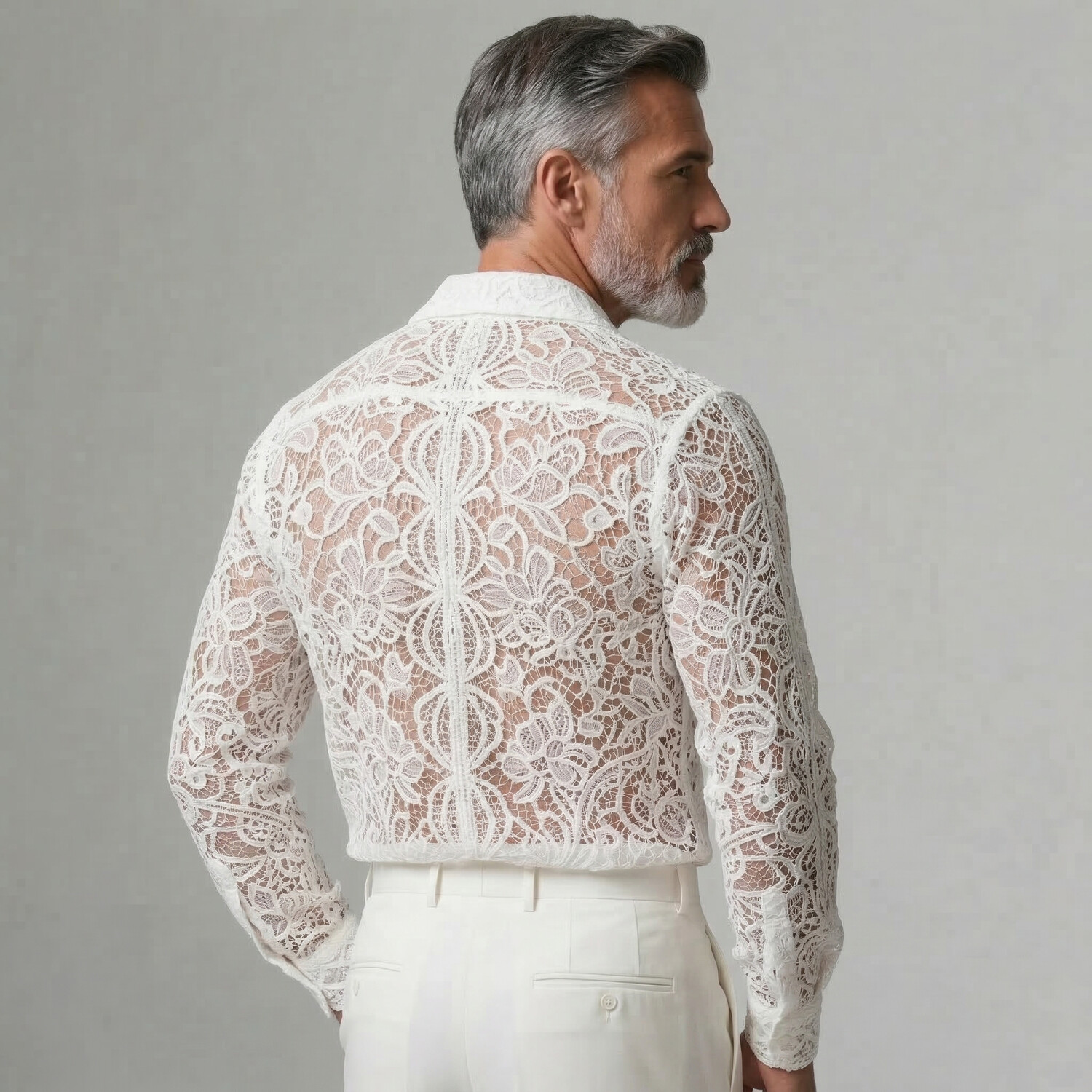 Men's Guipure Lace Hollow Out Camp Collar Button Up Long Sleeve Shirt