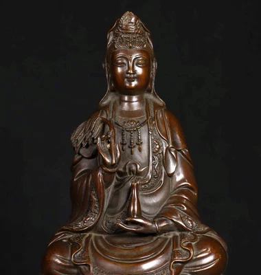 Qianlong Signed Old Chinese Copper Statue w/Guanyin Buddha N4133