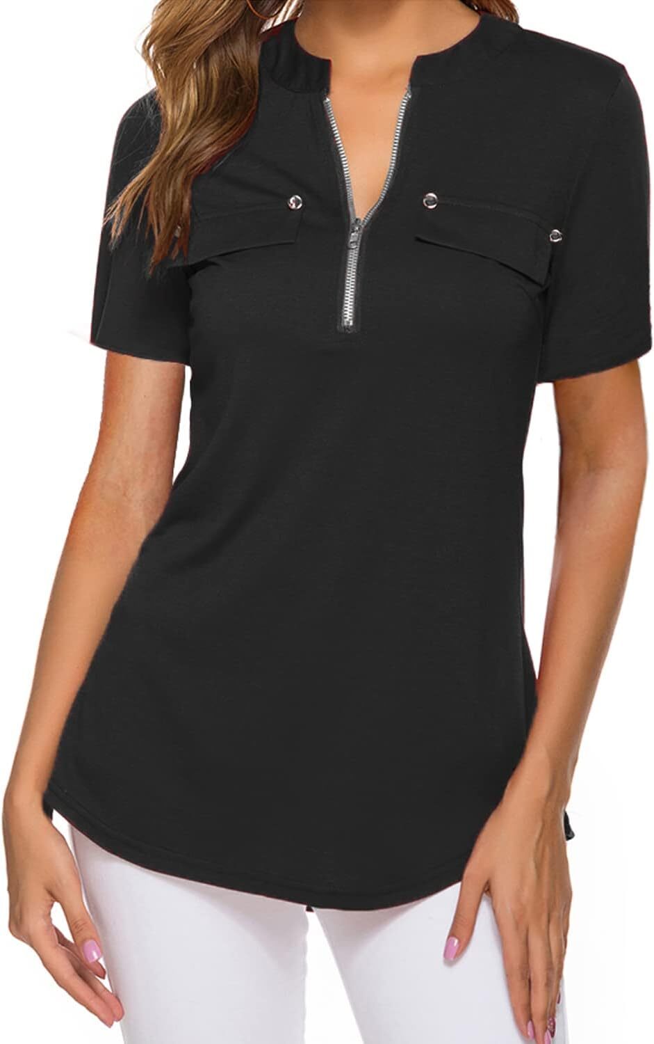 Damen Kurzarm Zip Quaste Long Shirt Business Casual Arbeit Büro Shirt