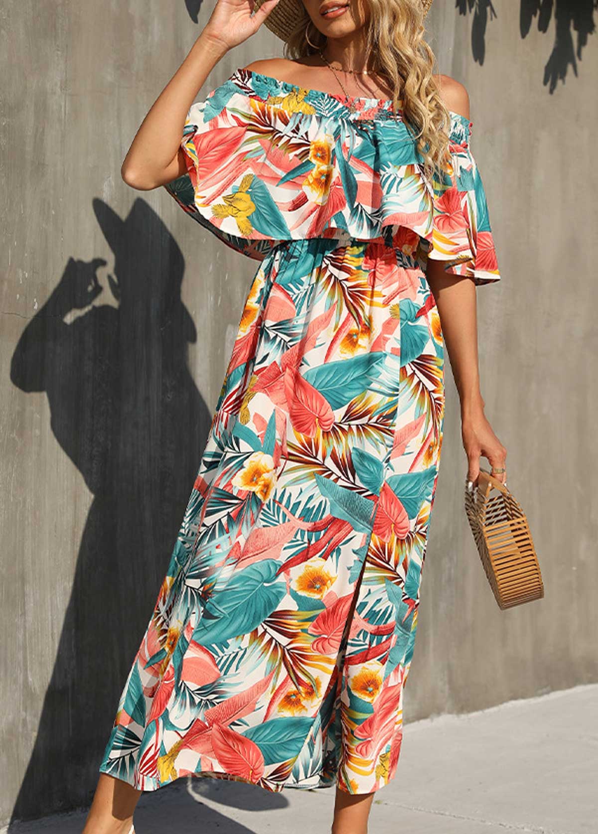 Multi Color Tropical Print Off Shoulder Dress
