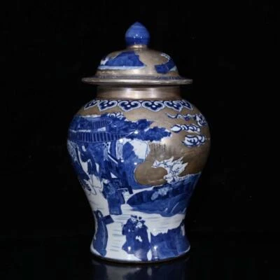 37CM Qianlong Signed Old Chinese Blue and White Silvering Lid Pot W/figure N286