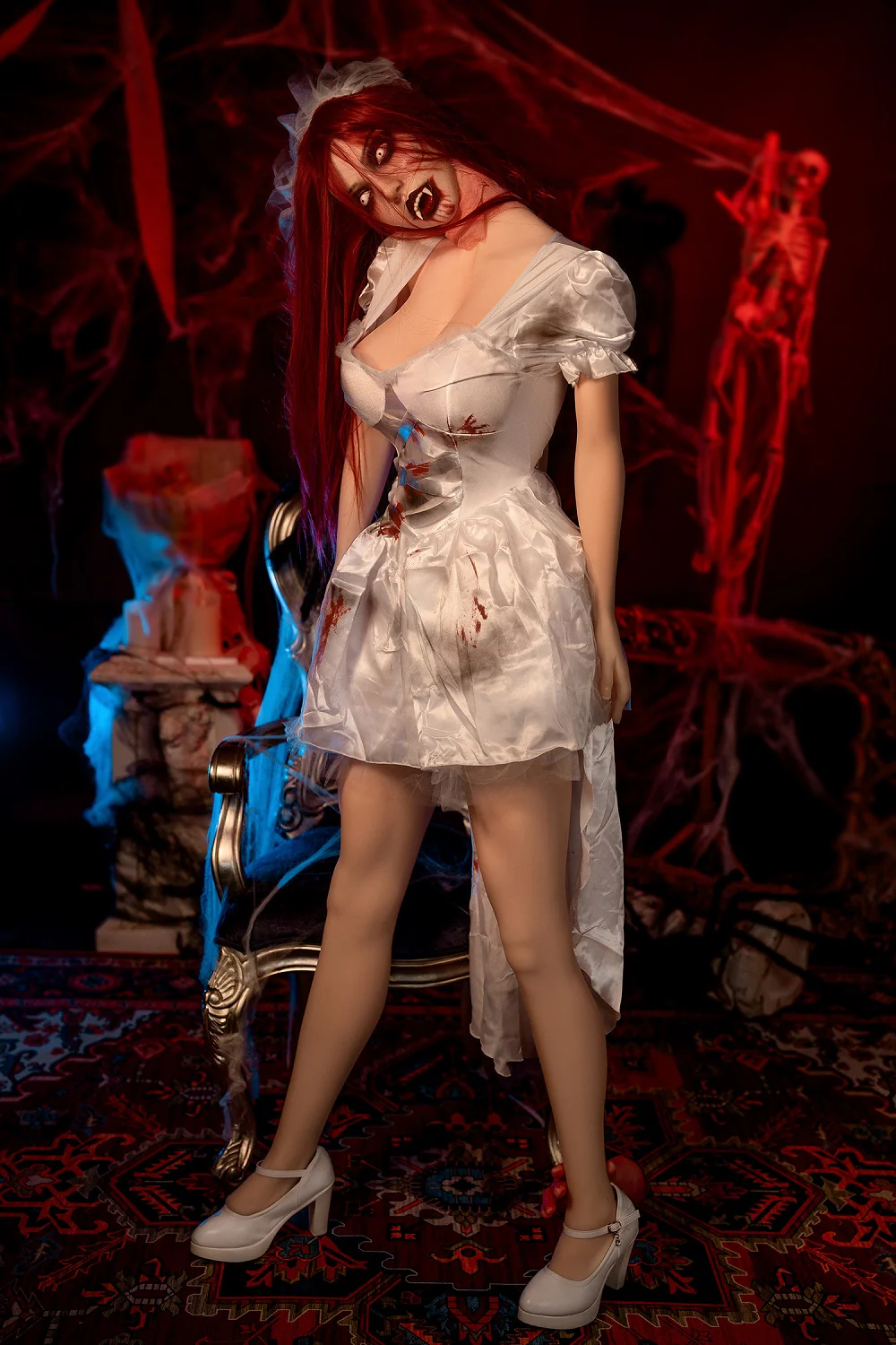 Kama 5ft54 / 169cm #M7 ROS Soft Silicone Head + TPE Bodyy Halloween Vampire Goth Blowjob Hentai Sex Doll With Red Hair