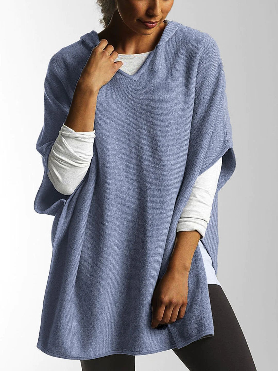 V Tie Hood Half Sleeve Side Slit Cropped Sweater