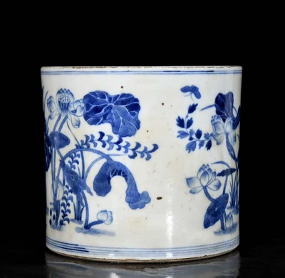 Kangxi Signed Old Chinese Blue and White Brush Pot W/louts flower N3541