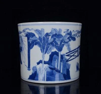 Kangxi Signed Old Chinese Blue and White Brush Pot W/figure L201
