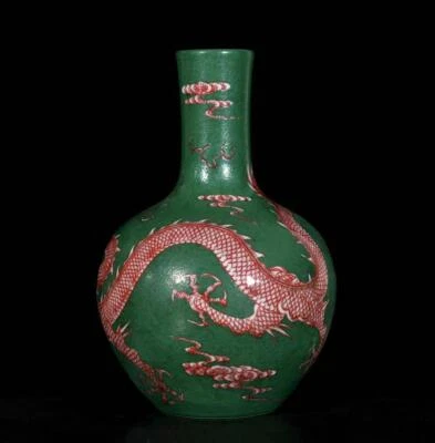 Kangxi Signed Old Chinese Green Glaze Red Color Vase W/dragon N3687