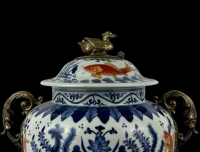 37CM Jiajing Signed Old Chinese Blue and White Pot Vase w/fish N3917