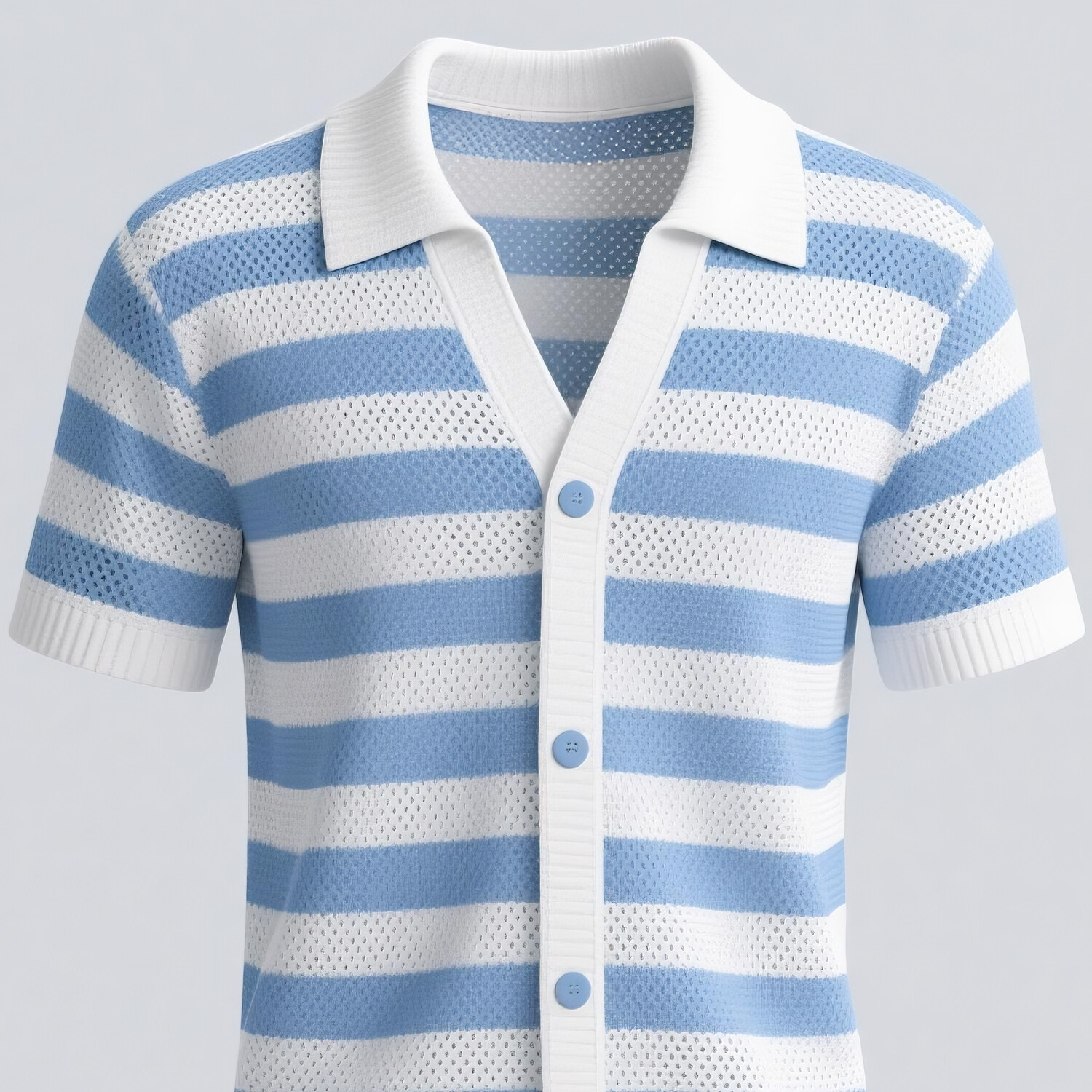 Men's Hollow Knit Turndown Collar Button Short Sleeve Blue And White Striped Shirt