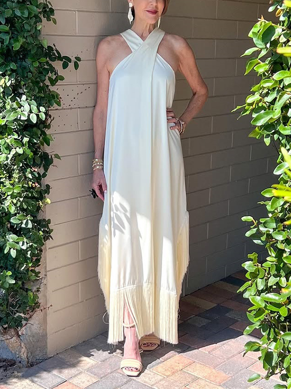 NEW🔥 Satin Cross Strap Fringe Party Dress