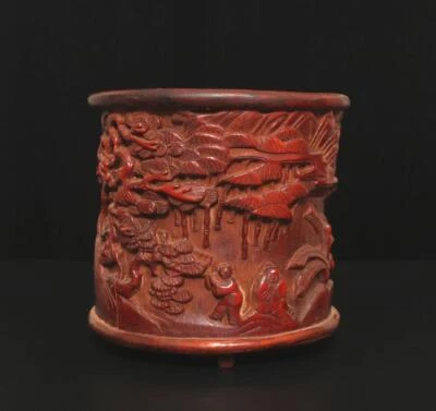 Yaozeng Signed Antique Chinese Carved Figures Bamboo Brush Pot