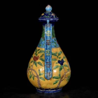 31CM Yongle Signed Old Chinese Fahua Color Teapot W/bird N3242