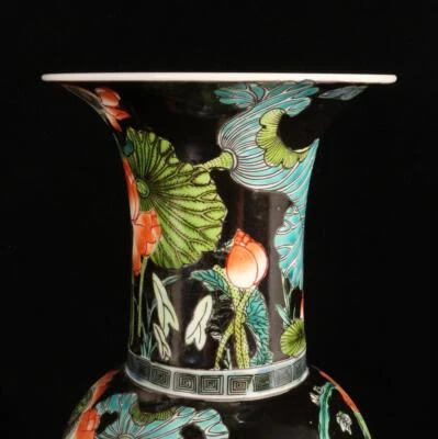 Qianlong Signed Old Chinese Famille Rose Black Glaze Vase W/louts flower N1440