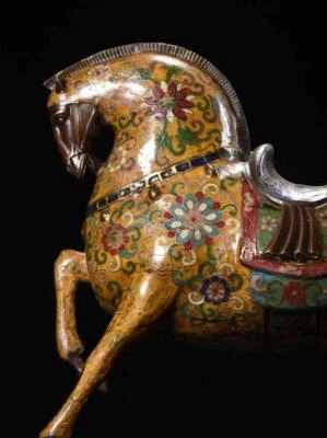 32CM Old Chinese Cloisonne Enamel Bronze Statue w/horse N3524