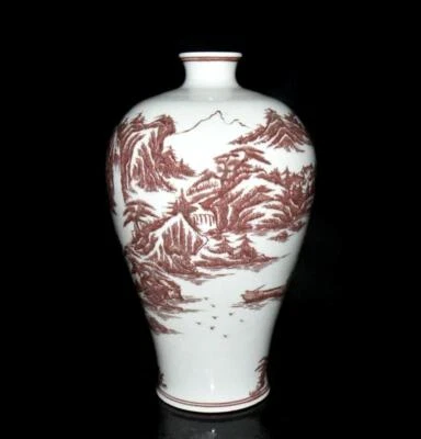 38CM Kangxi Signed Old Chinese Underglaze Red Vase W/landscape N3067