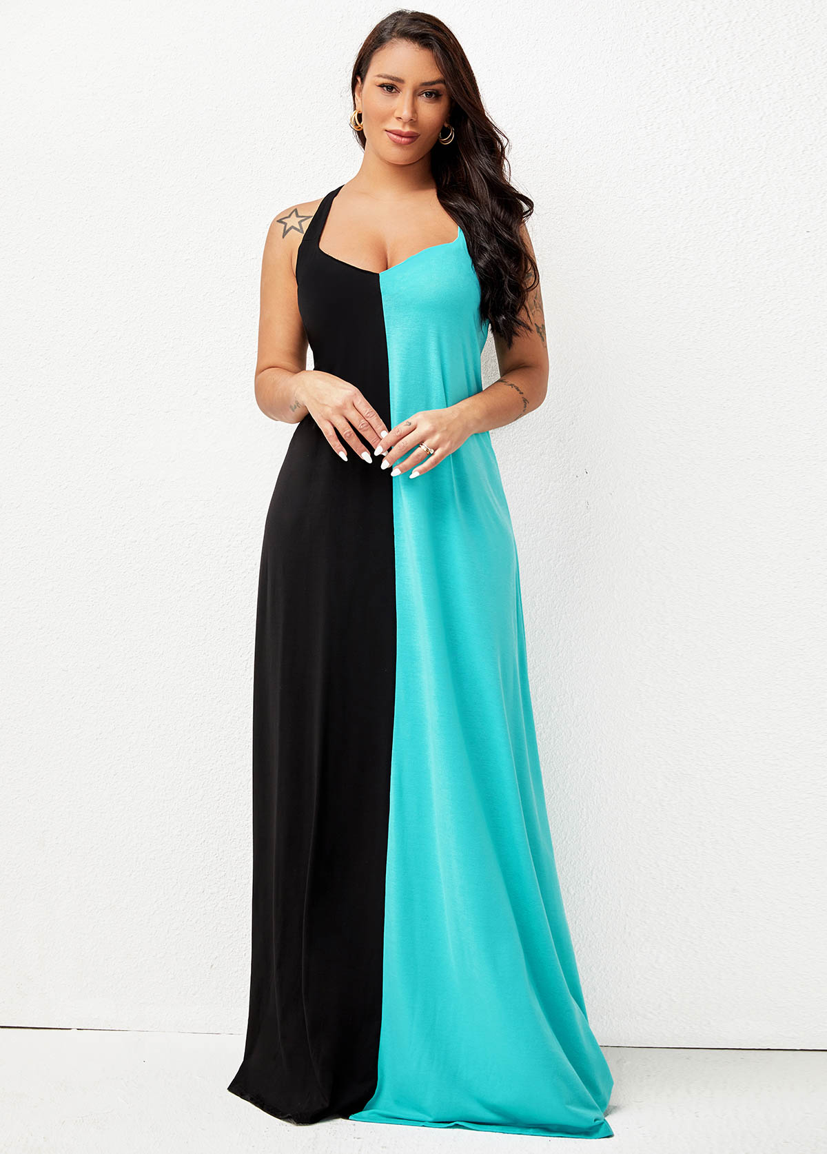 Spaghetti Strap Color Block Maxi Dress