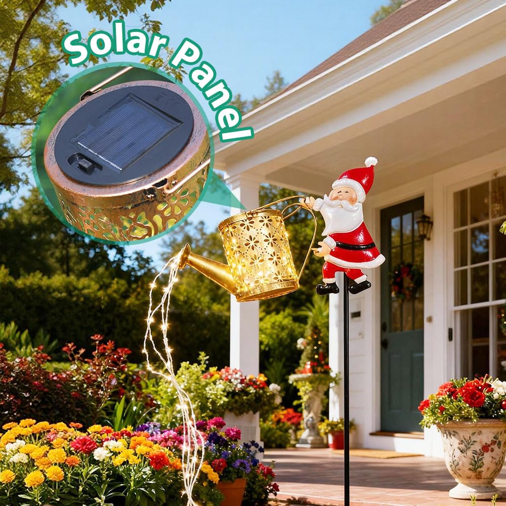 Solar Santa Watering Can Pouring Light – Christmas Garden Decor