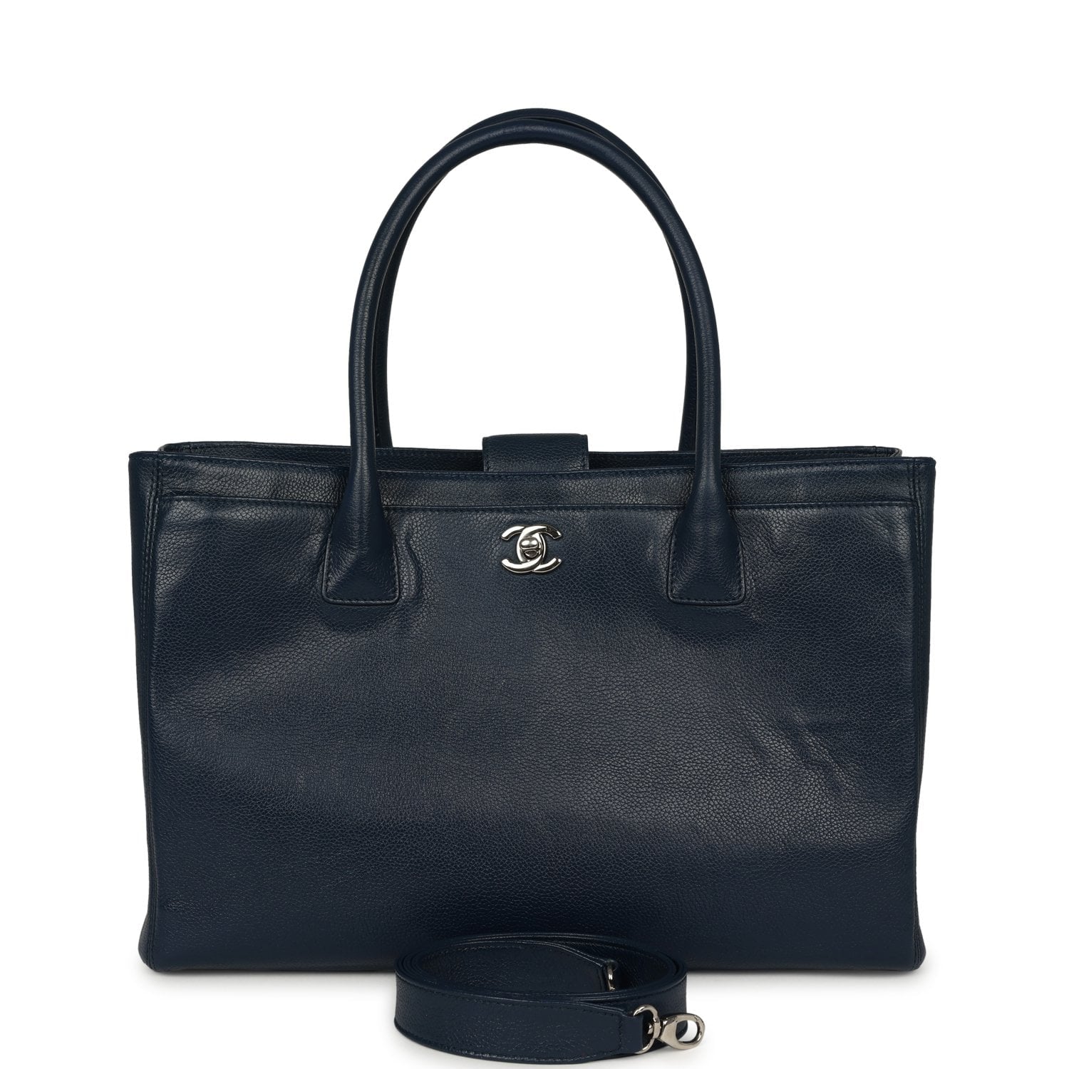 CHANEL Medium Executive Cerf Tote Bag Navy Grained Calfskin Silver Hardware