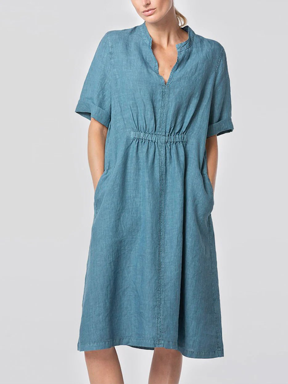 Cotton-Linen V-neck Elastic Waistband Dress