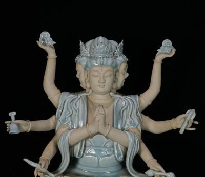 43CM Old Chinese Ru Kiln Statue w/Guanyin Buddha N868