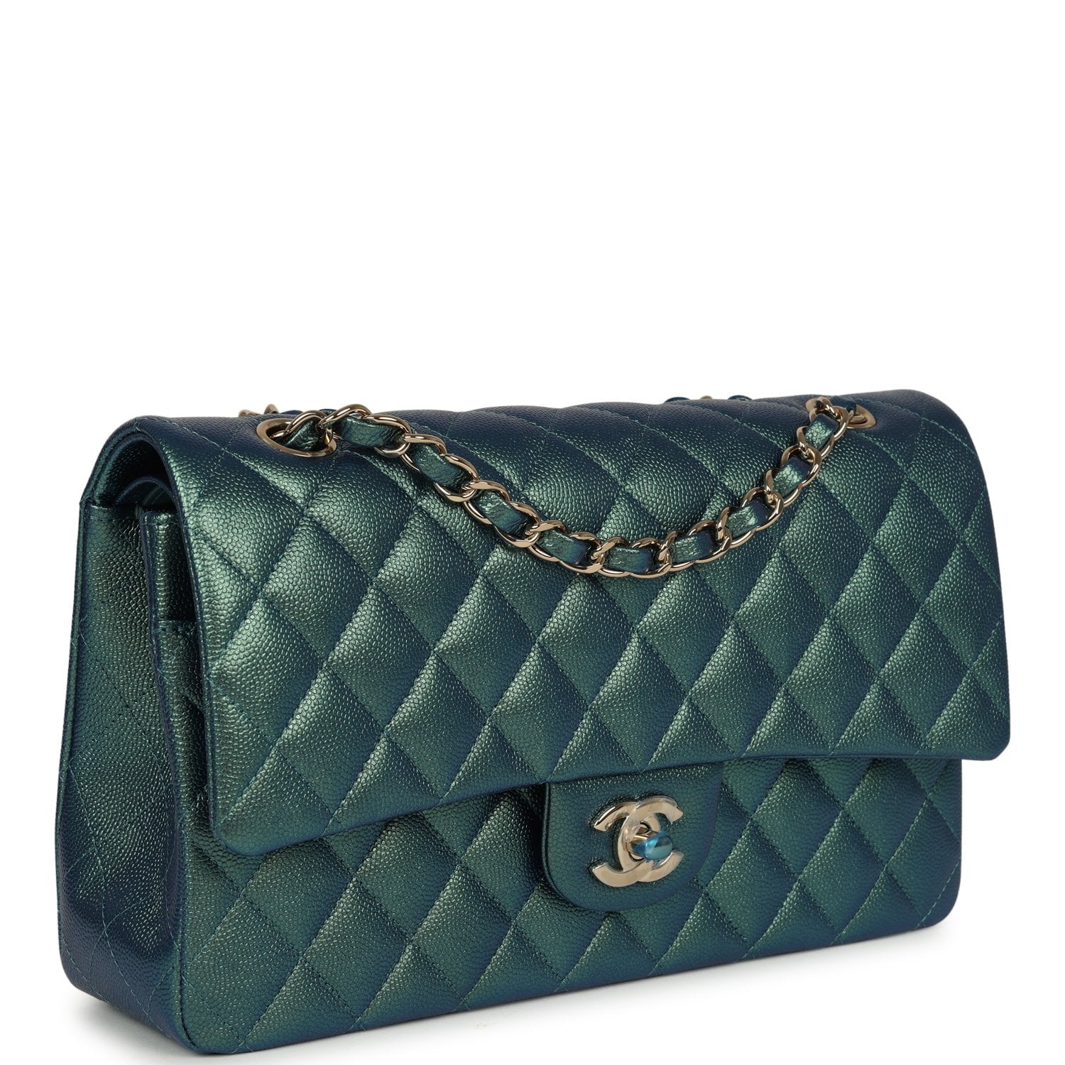 CHANEL Medium Classic Double Flap Bag Green Iridescent Caviar Light Gold Hardware