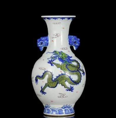 Pair Qianlong Signed Old Chinese Doucai Vase W/ dragon N1125