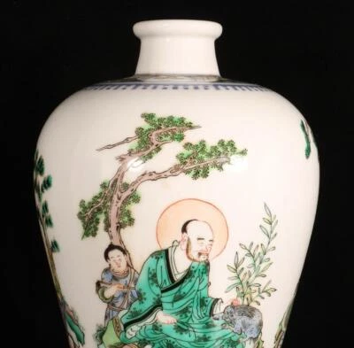 27CM Kangxi Signed Old Chinese Wucai Vase W/Buddha N1445