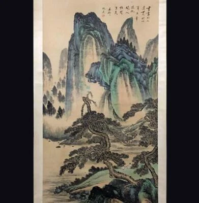 Chou Ying Signed Chinese Hand Painted Calligraphy Scroll w/ landscape N2723