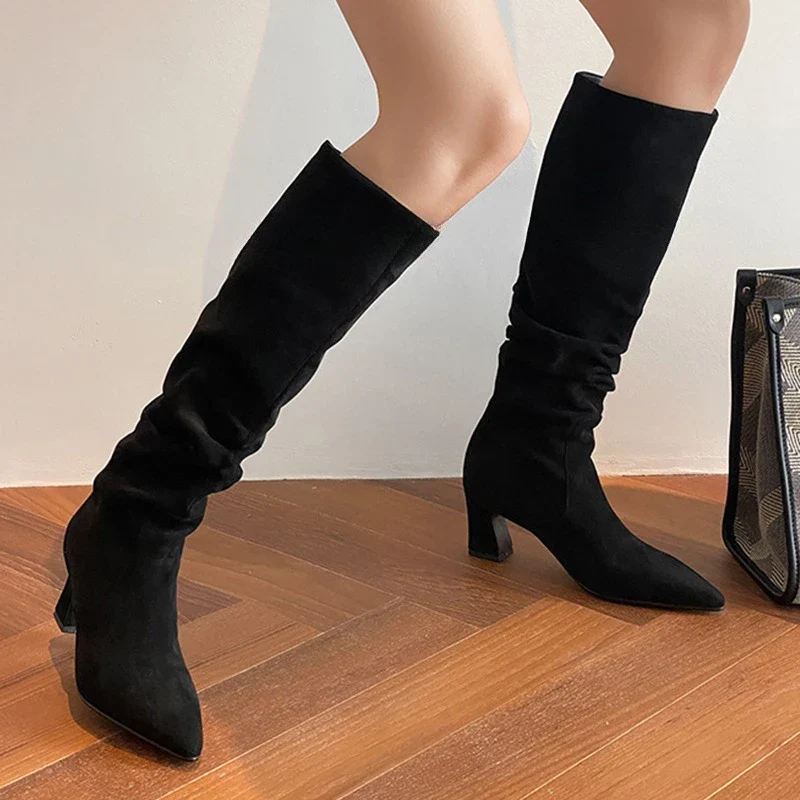 High Heels Women High Boots Suede Pointed Toe Fashion Shoes Designer Dress