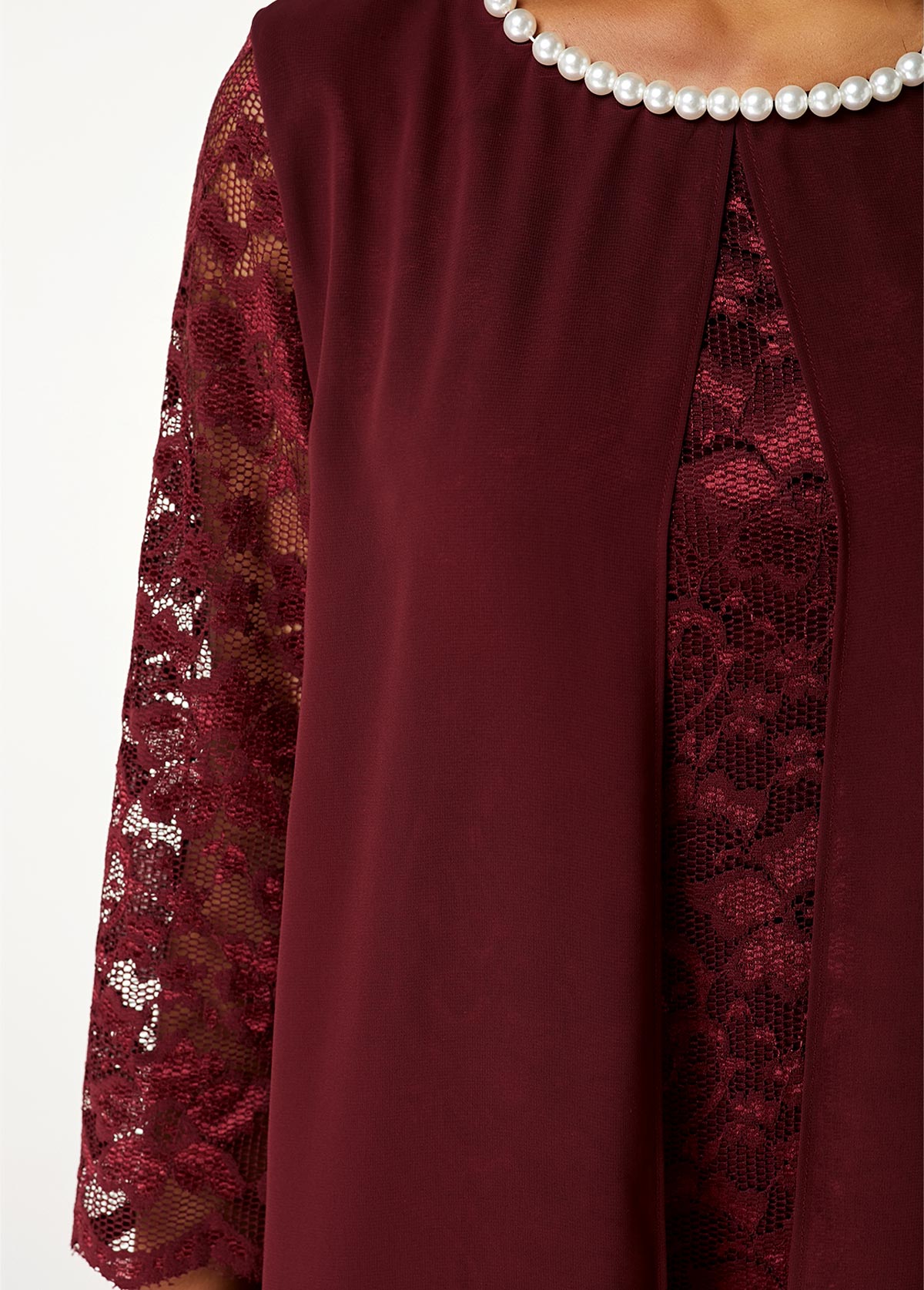 Lace Stitching Pearl 3/4 Sleeve Chiffon Dress
