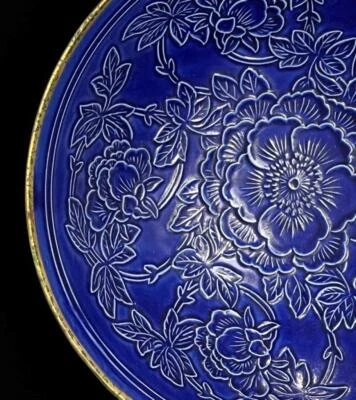 23CM Old Chinese Song Ding Kiln Blue Glaze Bowl w/flower N759