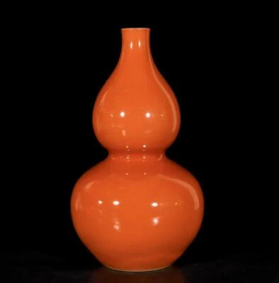 33CM Yongzheng Signed Old Chinese Persimmon Red Glaze Gourd Vase N3471