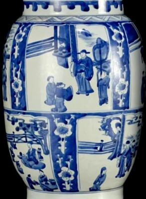 38CM Kangxi Signed Old Chinese Blue & White Porcelain Lid Pot w/ figure CK23