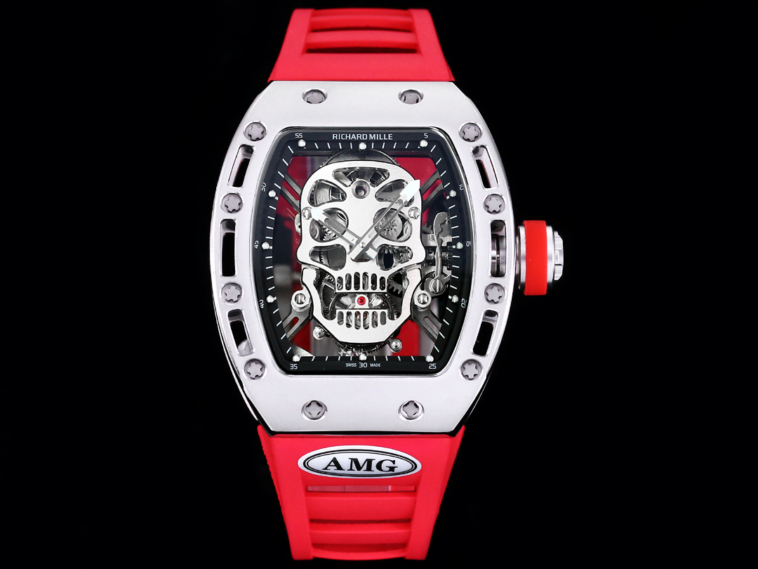【7A Quality】Best Swiss Replica RICHARD MILLE RM 52 Tourbillon Super Clone Watch – Skull Skeleton Dial, Red Strap