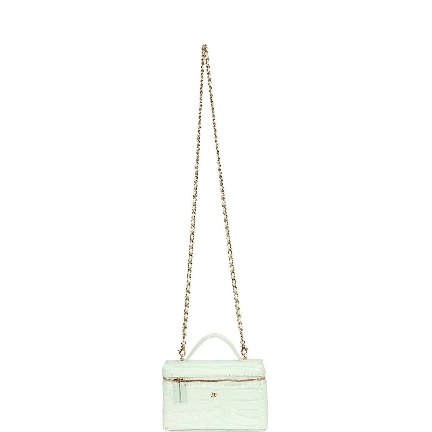 Chanel Top Handle Long Vanity Case with Chain Mint Croc Embossed Calfskin Gold Hardware