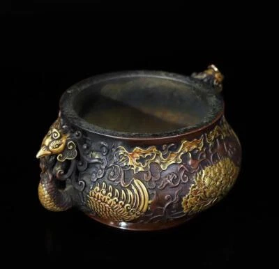 Old Chinese Red Copper Incense Burner w/flower N275